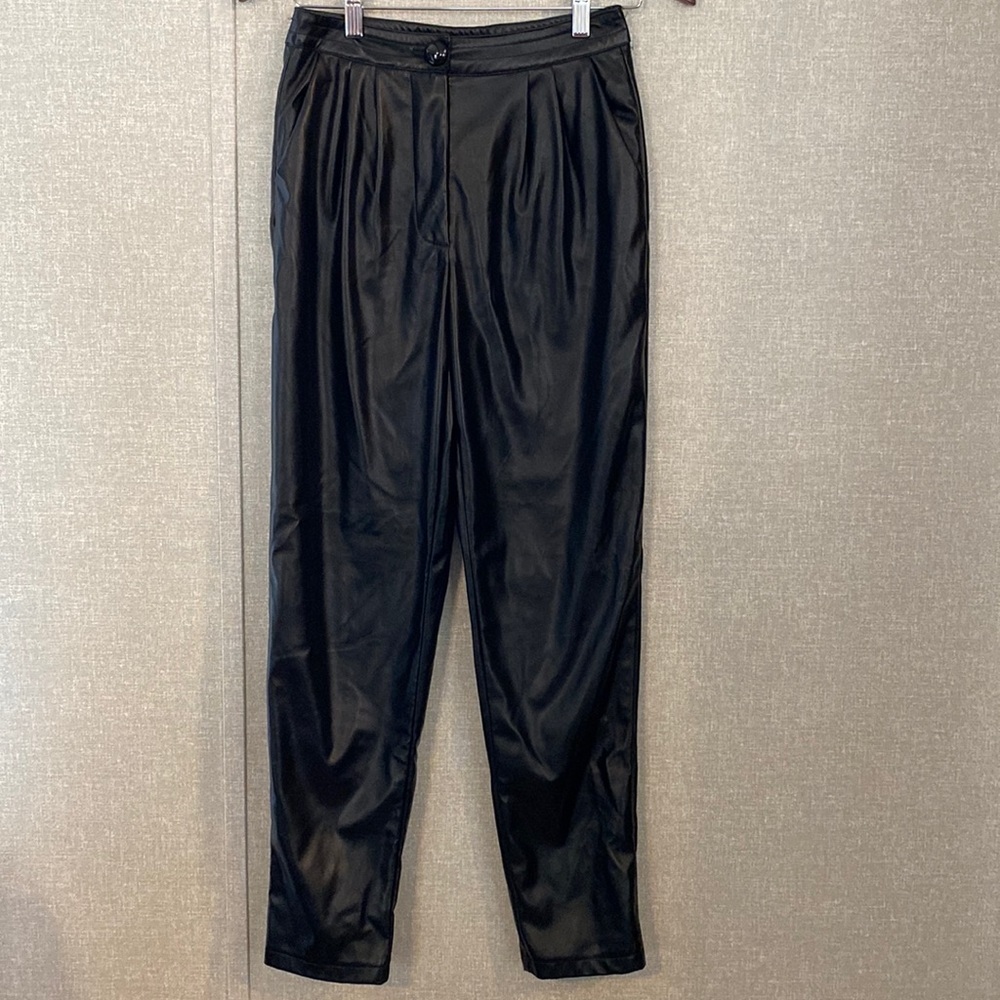 Princess Polly Black Faux Leather Pleated High Waist Straight Leg Pants